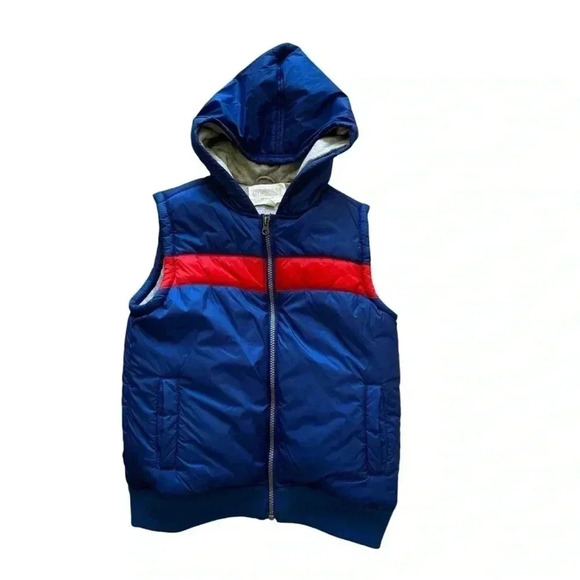 Gymboree Zip Up Vest Blue W/ Red Stripe Puffer Vest Lined Hooded Jacket M #2228 - Picture 1 of 9